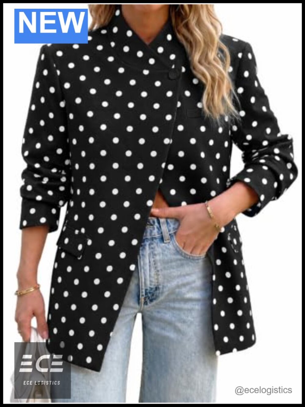 Womens Polka Dot Blazer Business Casual Lightweight Single Button Long Sleeve